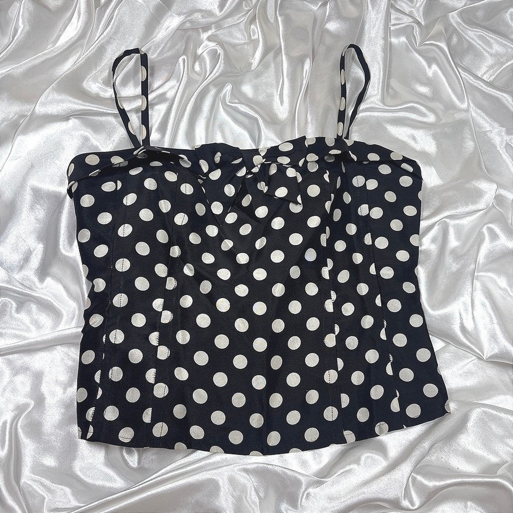 y2k Camisole Top Black Good Silkland Polka Dot Bow Detail Silk Tank